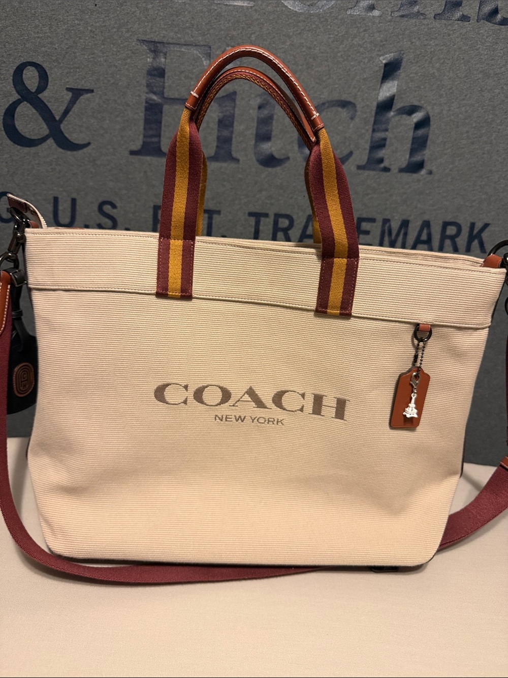 Coach Canvas Messenger Bag in Cream with Burgundy and Mustard Straps